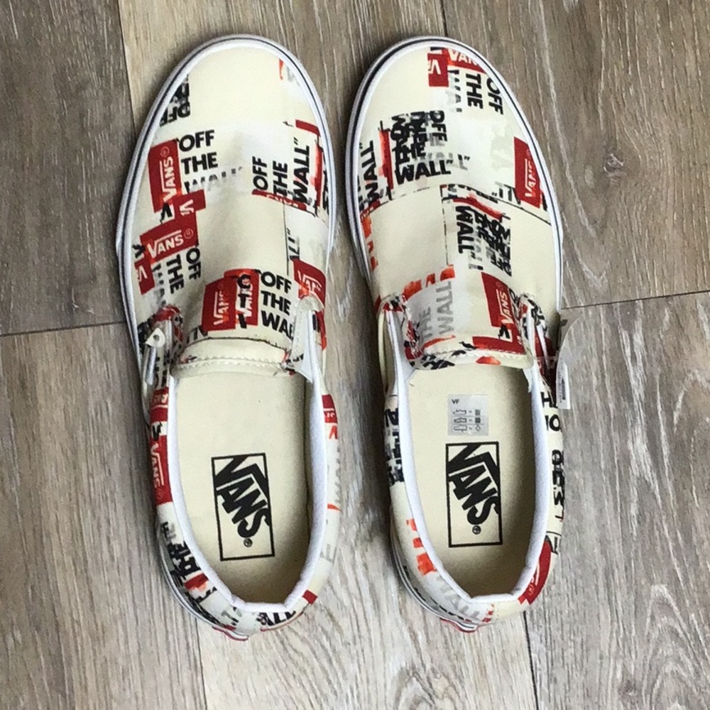 Brand new Vans men’s 7.5 women’s 9.0. Slip on off white red and black logos